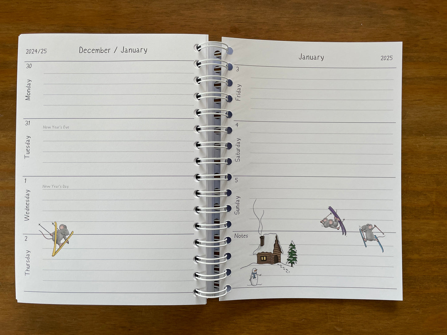 A5 wire bound week to view 2024 diary, featuring lots of characterful illustrations