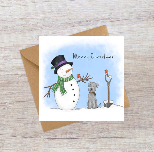 Dog and snowman Christmas card