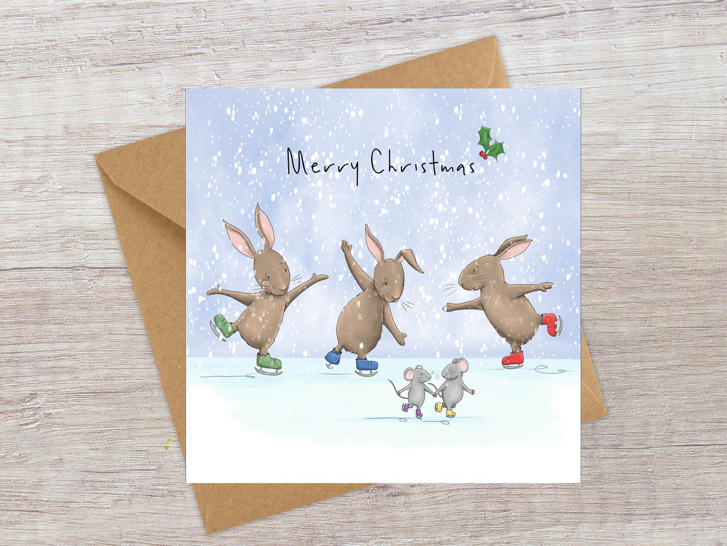 Cute Ice skating Rabbits and Mice Christmas card