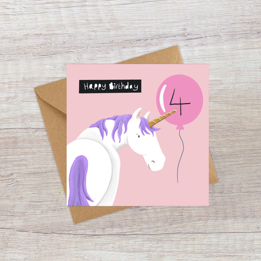 Age 4 Unicorn Birthday Card