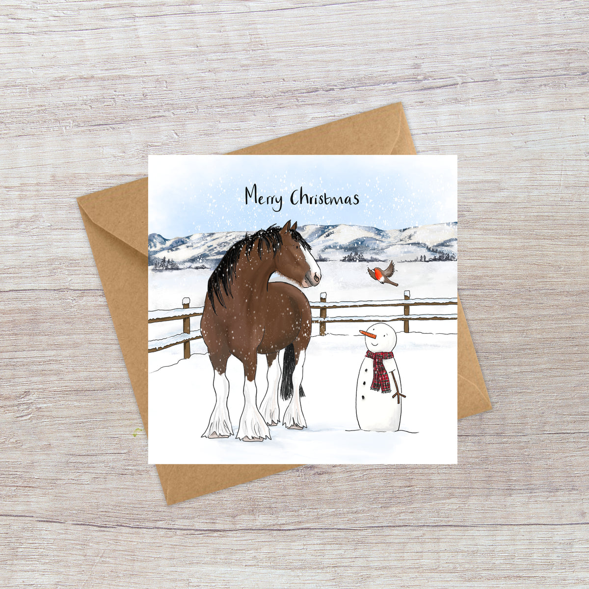 Clydesdale Horse, Snowman and Robin