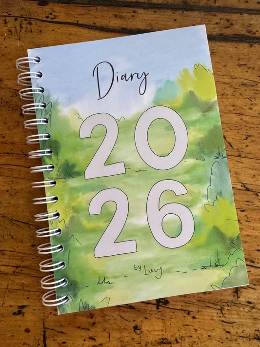A6 wire bound week to view 2026 diary, featuring lots of characterful illustrations
