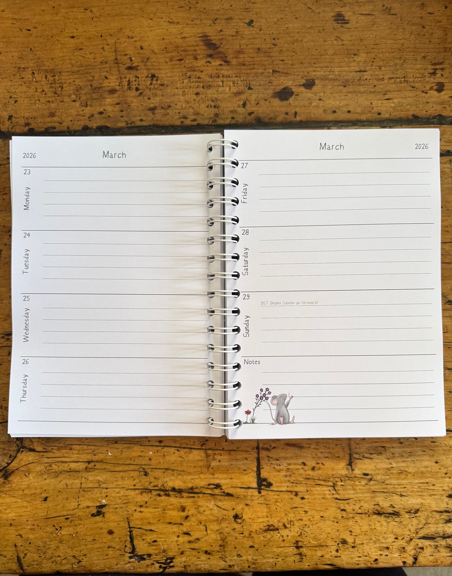 A6 wire bound week to view 2026 diary, featuring lots of characterful illustrations