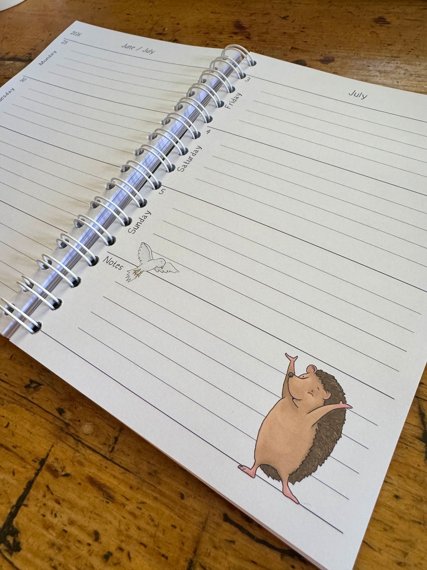 A6 wire bound week to view 2026 diary, featuring lots of characterful illustrations
