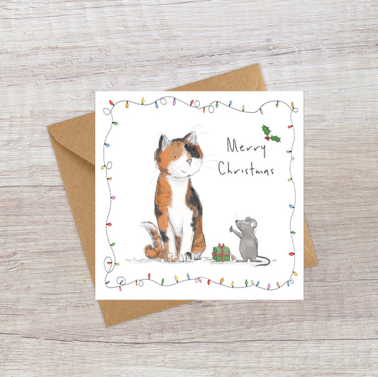 Cute Tortoise shell Cat and Little Mouse Christmas card