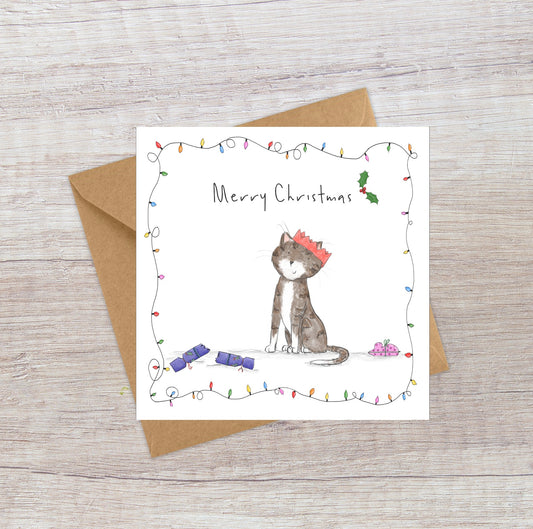 Cute little tabby Cat and Christmas Cracker Christmas card