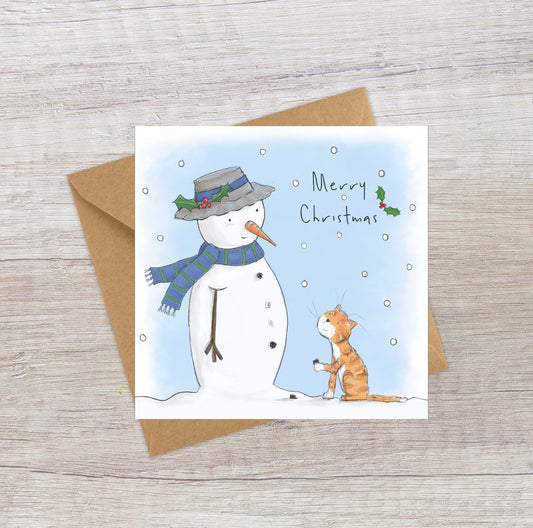 Ginger Cat and Snowman Christmas card