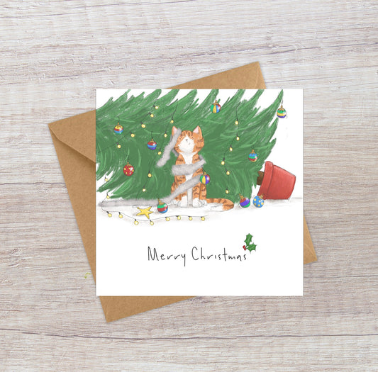 Cheeky Ginger Cat & Christmas Tree Christmas card