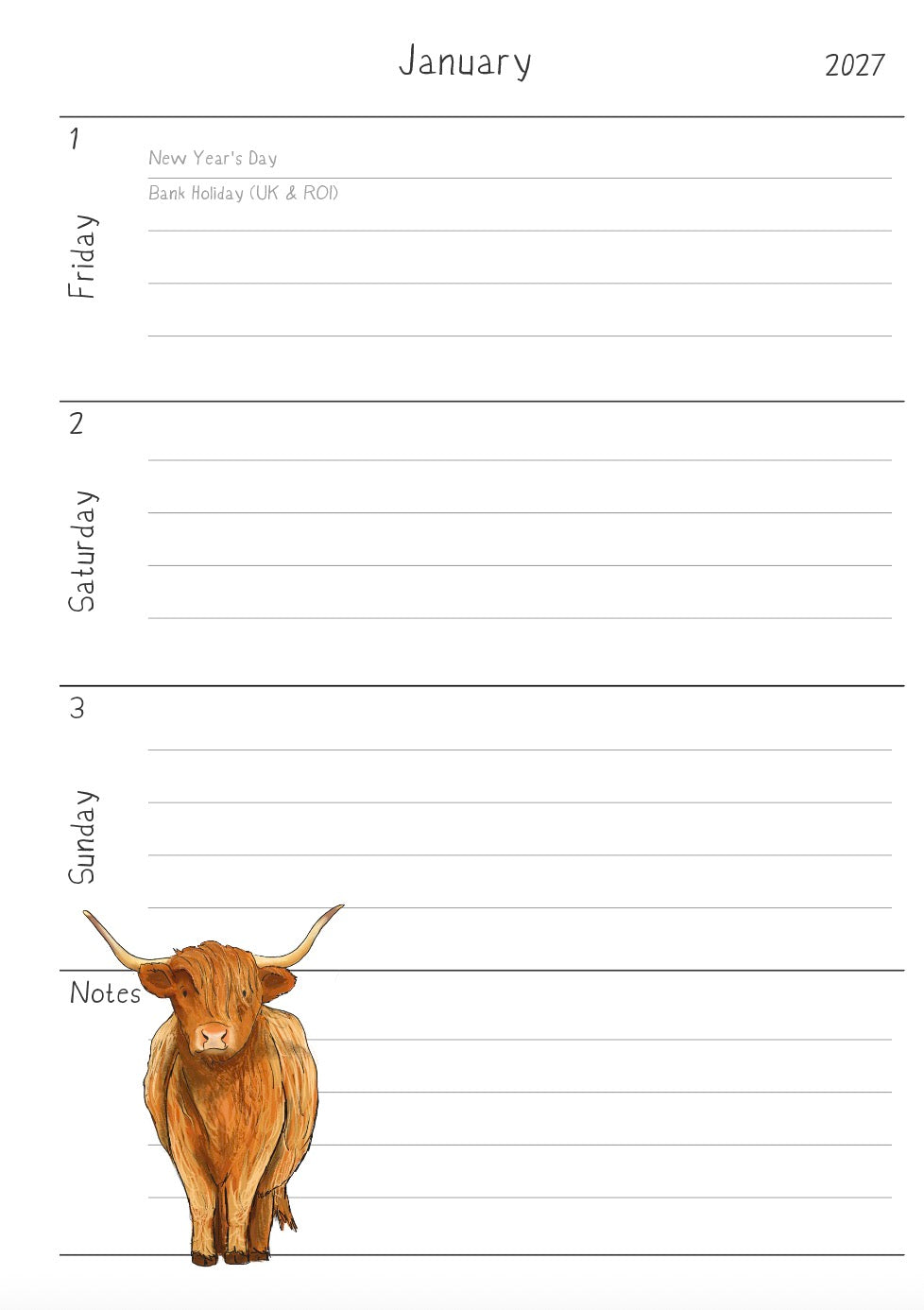 PRE ORDER - A5 wire bound week to view 2027 diary, featuring lots of characterful illustrations inspired from visits to the Isle of Bute