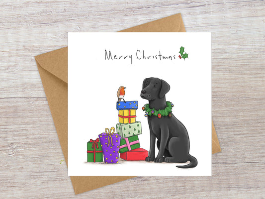 Black Labrador and Robin Christmas card