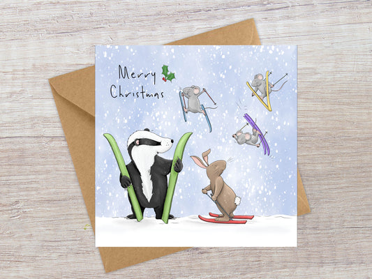 Skiing bunnies, Badgers and mice Christmas card