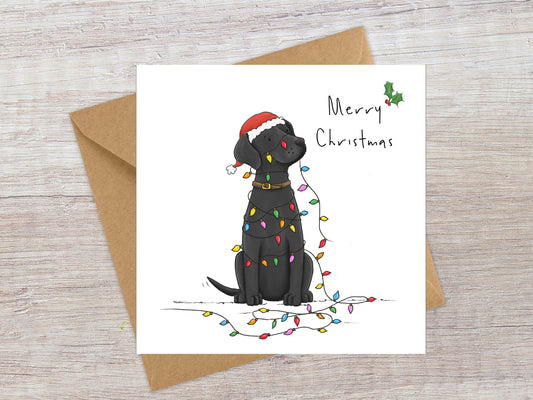 Black Labrador in lights Christmas card