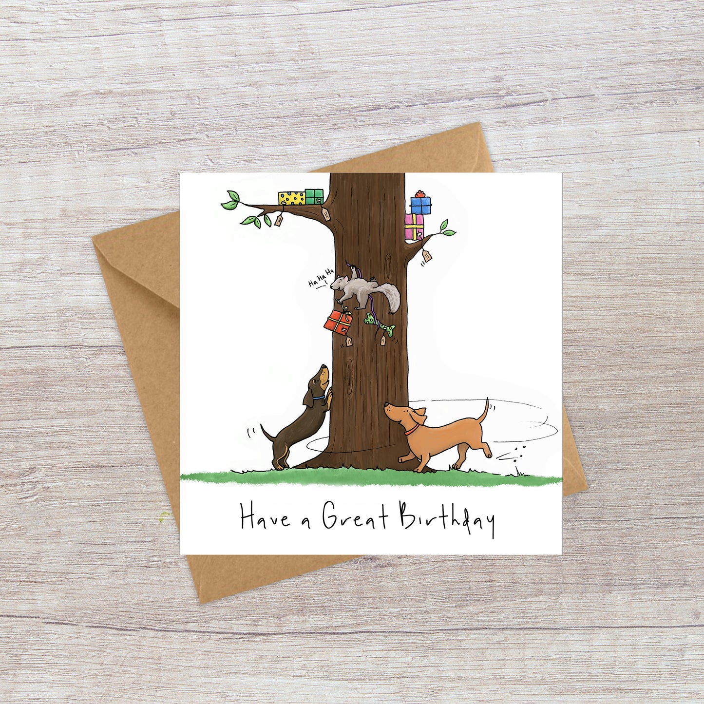 Sausage Dogs Chasing a Squirrel Birthday Card