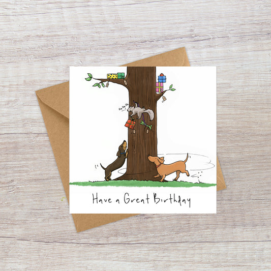 Sausage Dogs Chasing a Squirrel Birthday Card